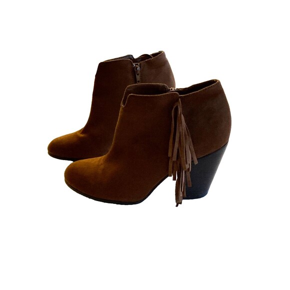 Carlos Santana Size 8.5 Brown Suede Zip Up Heeled Ankle Bootie Fringe Western - Picture 1 of 9
